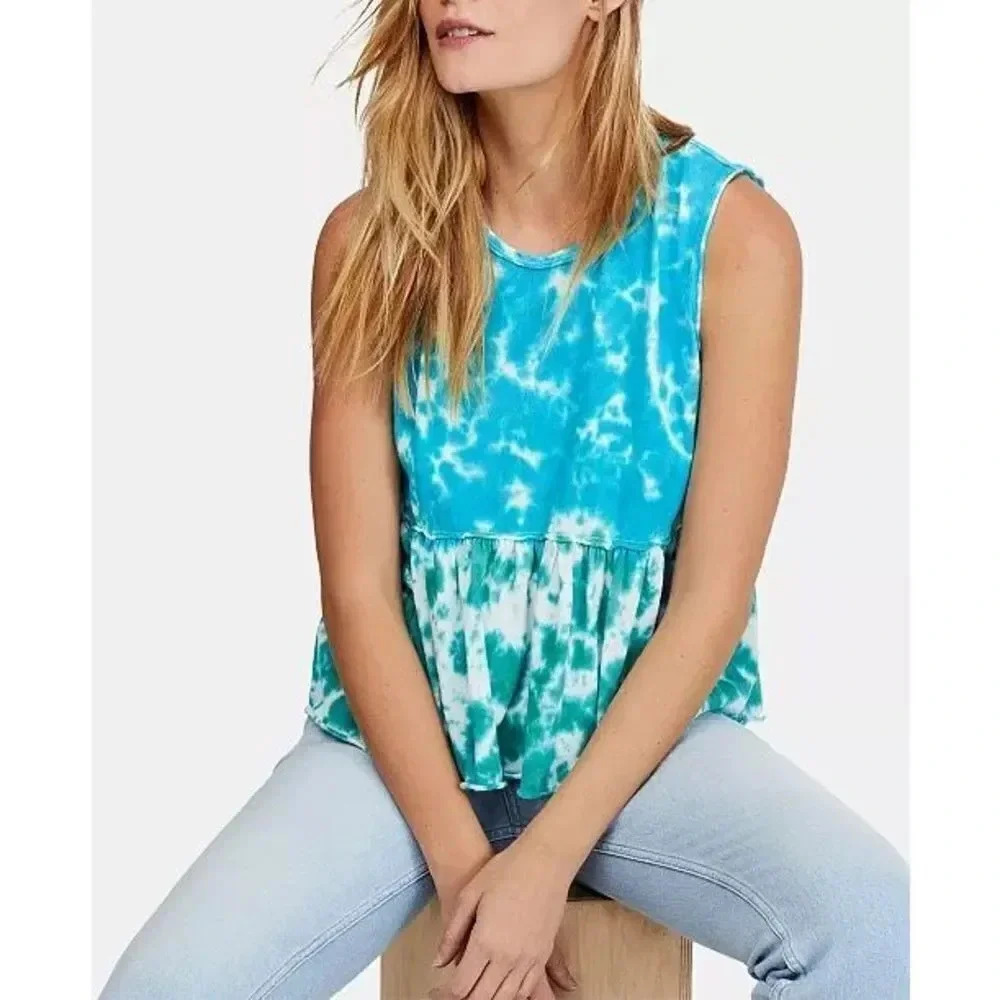 FREE PEOPLE | NWT Anytime Tie-Dye Cotton Tank Top Sleeveless Peplum | Size Small